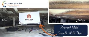 This image shows a before and after of mold growth and mold removal in a crawlspace, and a newly installed dehumidifier - Independent Restoration Services - Middle Tennessee.